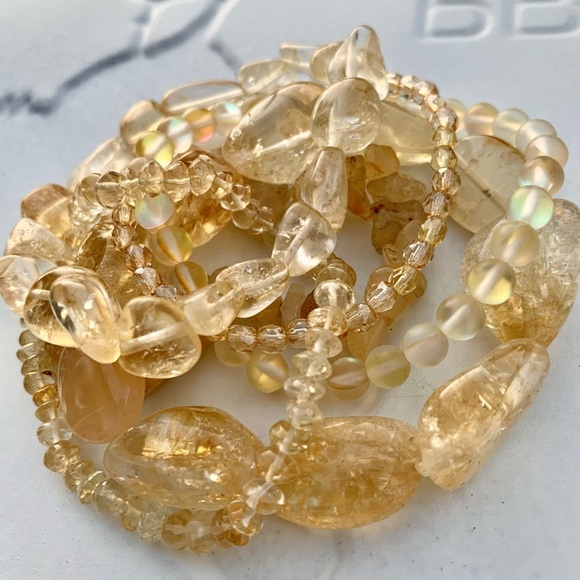 Natural Yellow Citrine & Matte Quartz Gemstone Mixed Bead Bracelet Stack - Picture 6 of 6